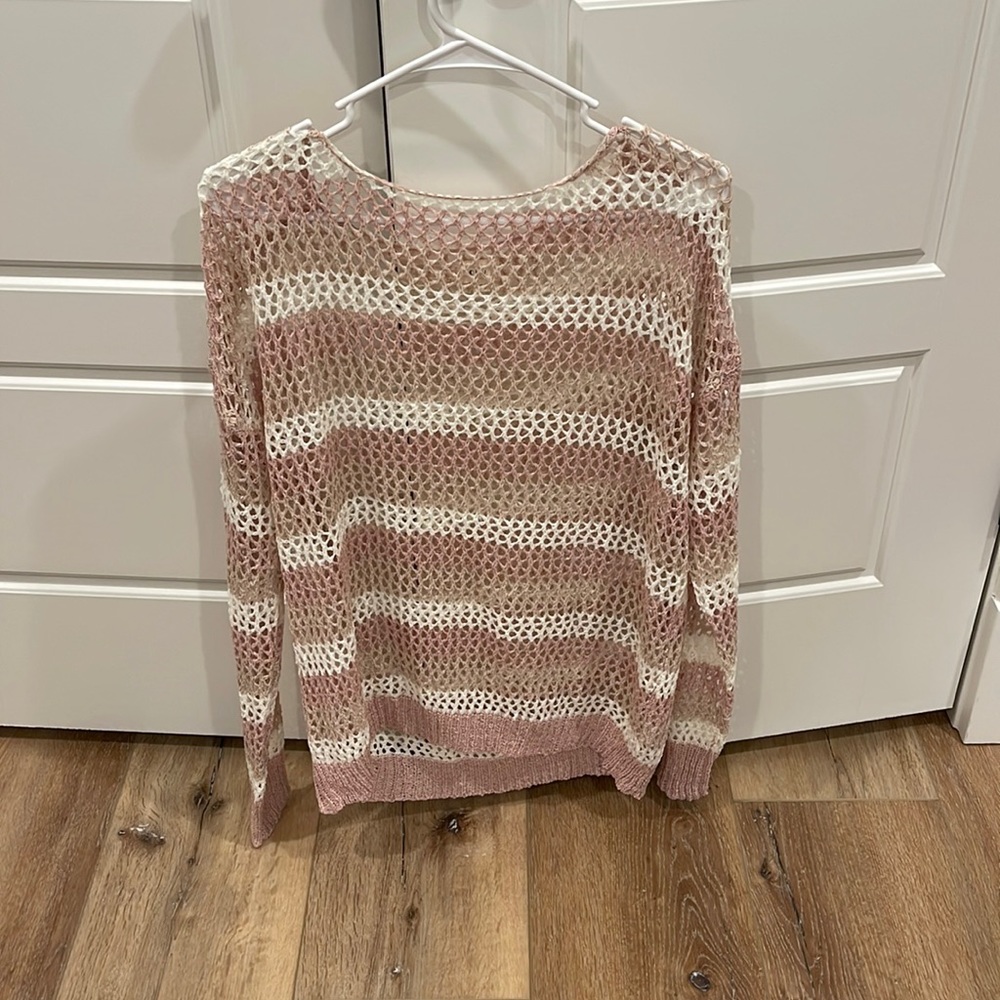 Open knit sweater; cream, tan, mauve